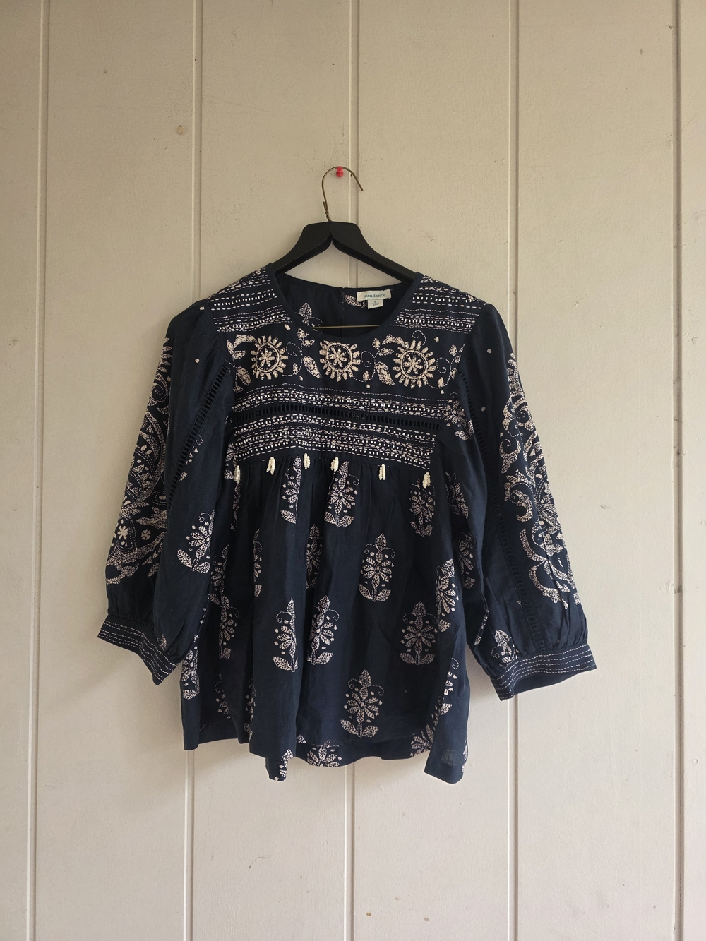 Sundance Navy Blouse with White Folk Embroidery Bohimian Small Beaded
